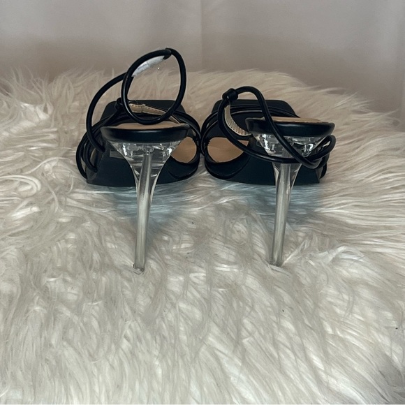 H HALSTON Wizard Black Strappy Vegan Leather Clear Stiletto Heels Open Toe 6.5 - Picture 5 of 7